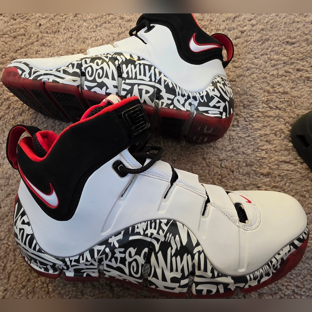 Used Nike Lebrons White, Black, and Red Graffiti Sneakers Mens 10.5